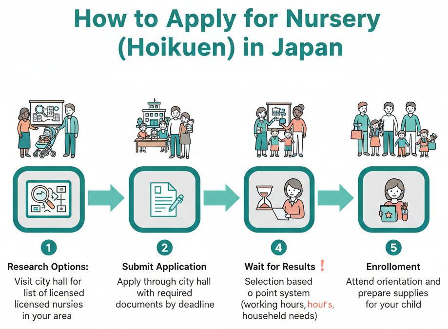 Step-by-step flowchart for nursery school application process in Japan