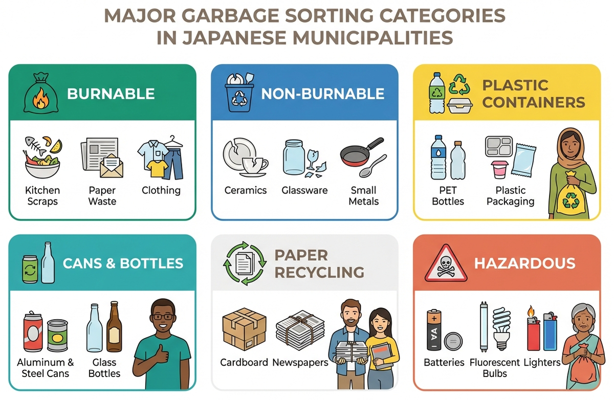 Color-coded infographic of garbage sorting categories with example items