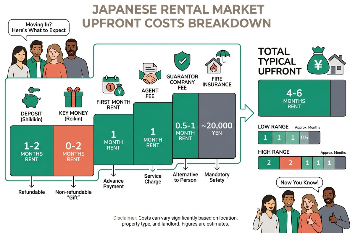 Infographic breaking down typical upfront costs when renting in Japan