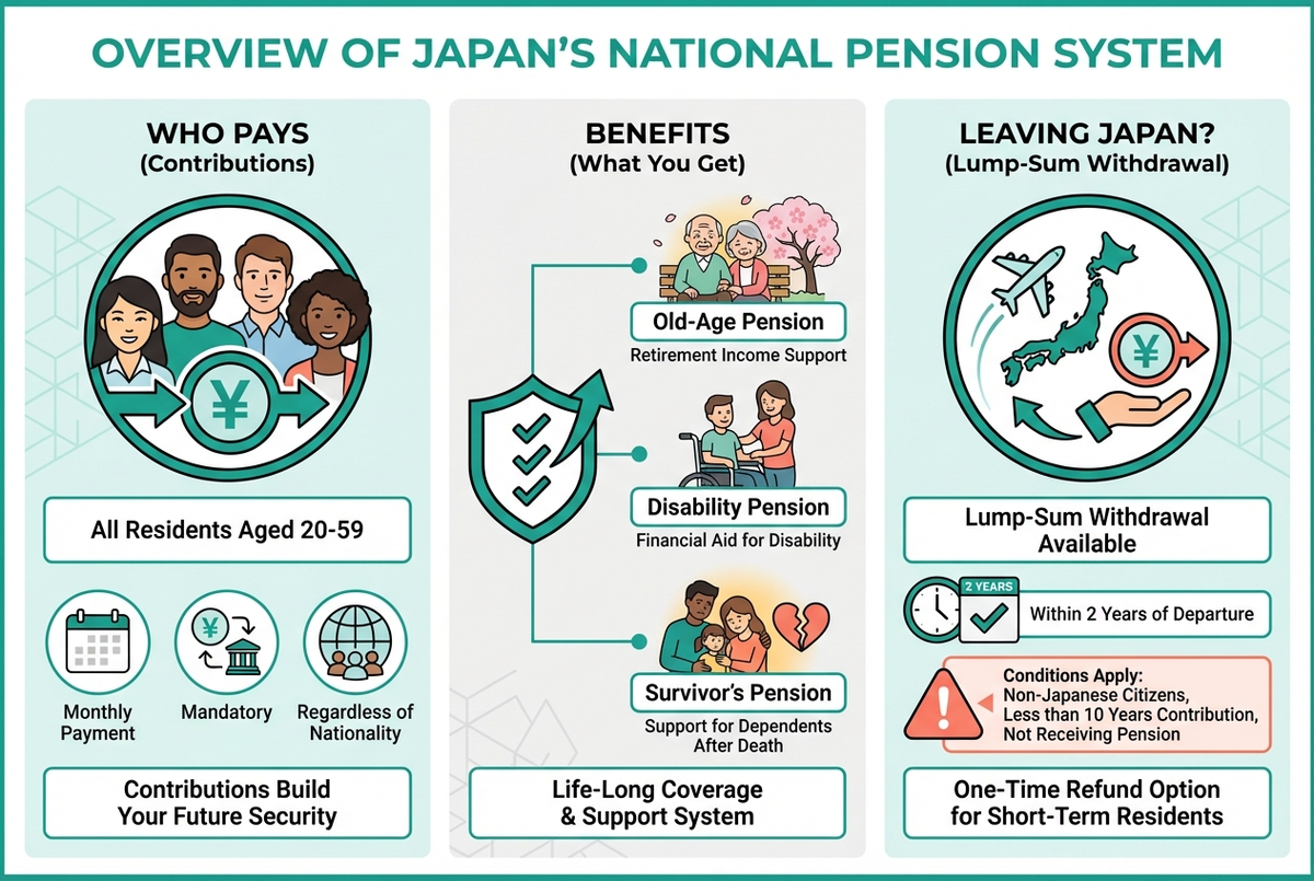 Infographic showing pension system overview with who pays, benefits, and withdrawal option