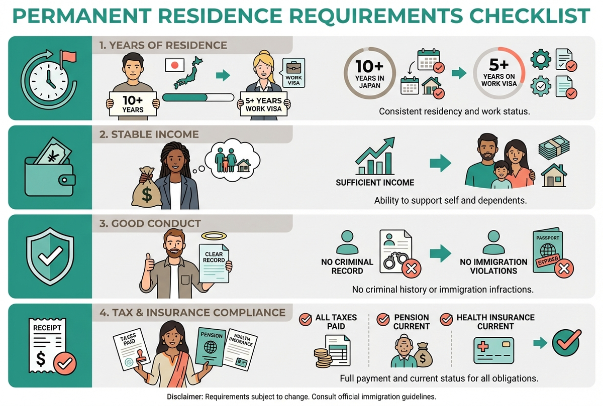 Checklist infographic showing permanent residence requirements including years, income, conduct, and tax compliance