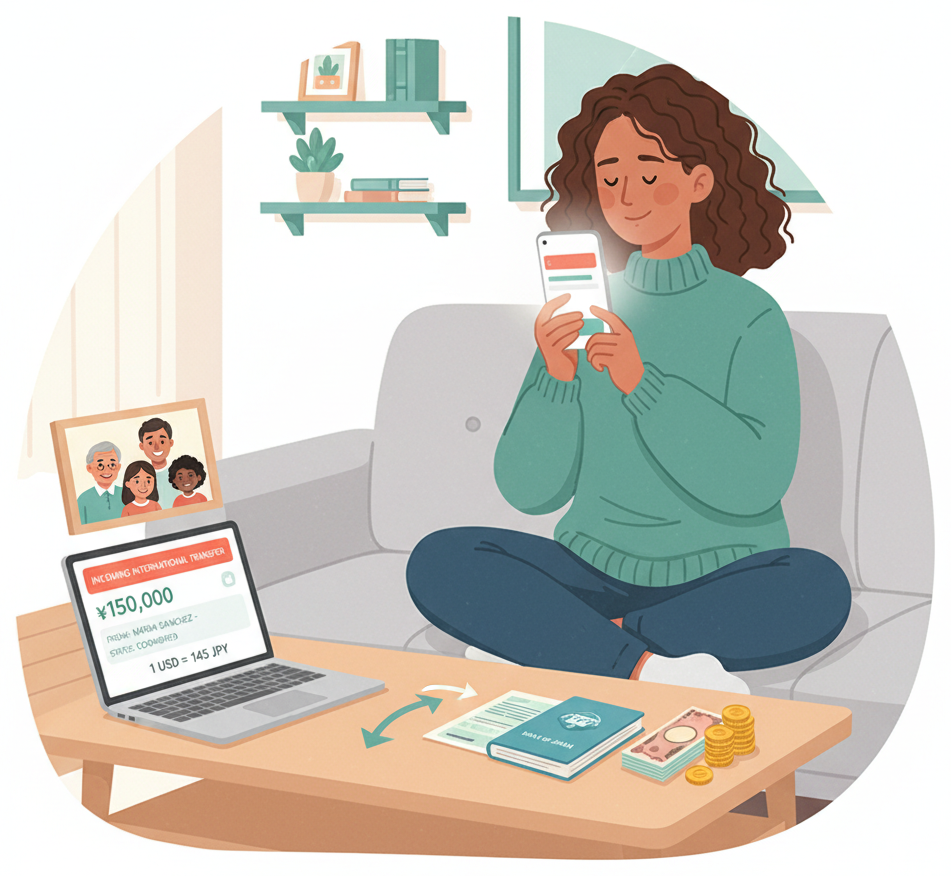 Foreign resident receiving notification of an international money transfer on her banking app