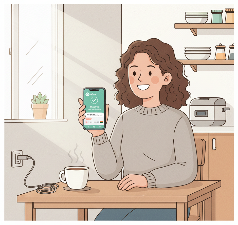 Foreign resident using Wise app on smartphone to send money home from Japan
