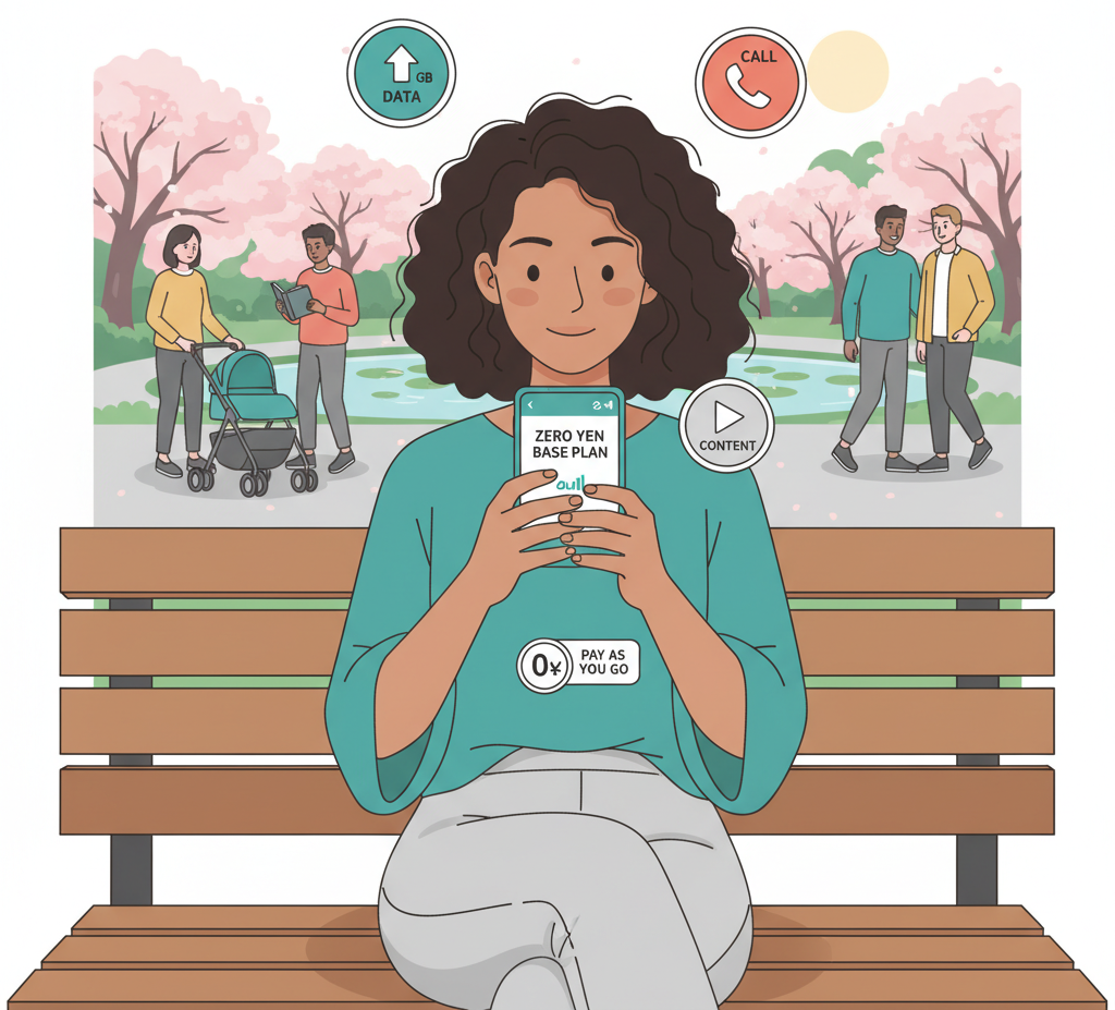 Foreign resident using povo 2.0 flexible mobile plan in a Japanese park