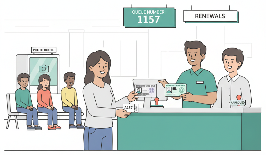 Foreign resident renewing residence card at immigration bureau counter
